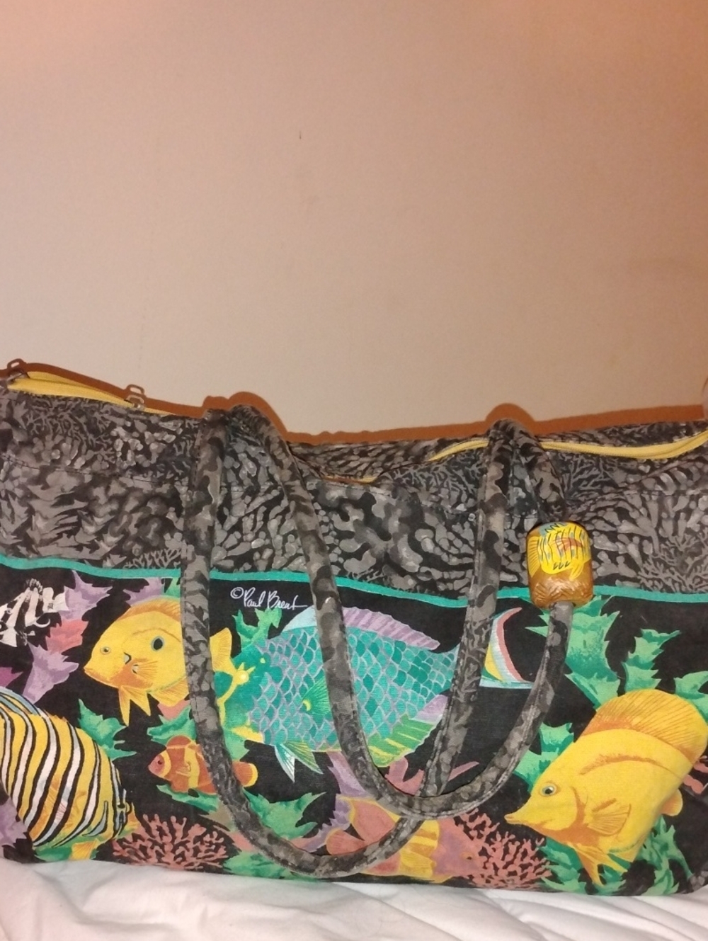 Colorful Fish-Print Tote Bags in Black & Yellow - Paul Brent